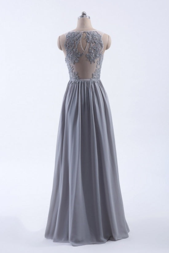 Silver V-Neck Ruffle Bridesmaid Dress with Back Applique