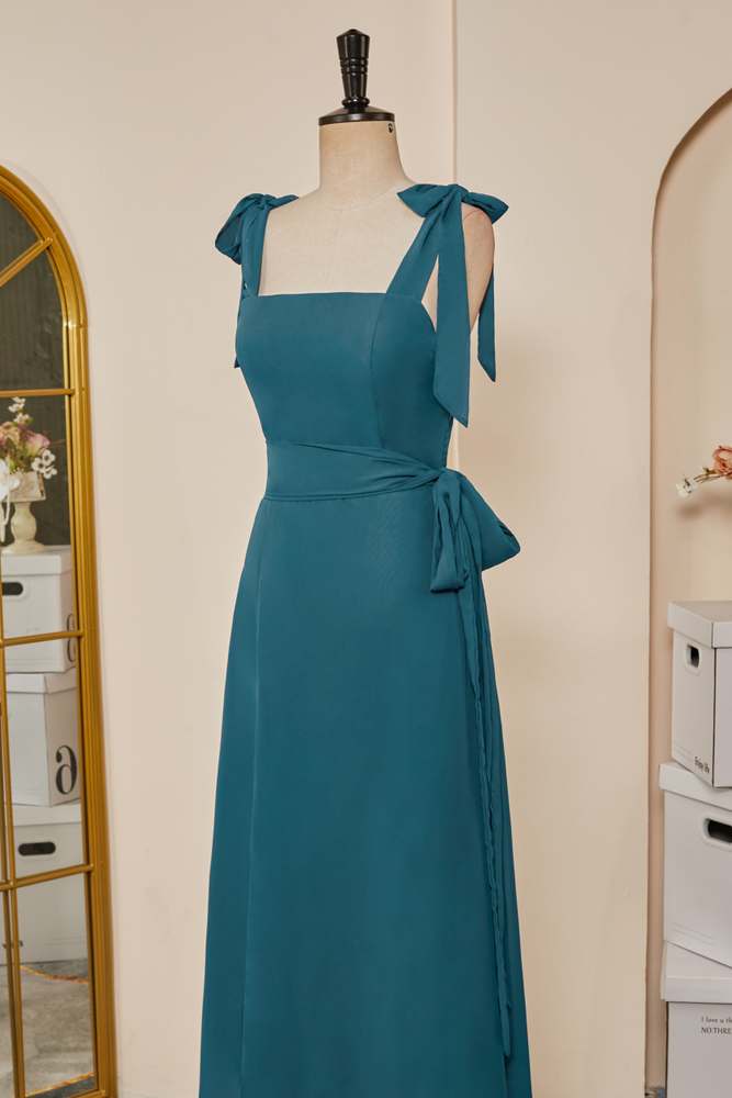 Bow Tie Straps Teal Ruffled A-line Long Bridesmaid Dress