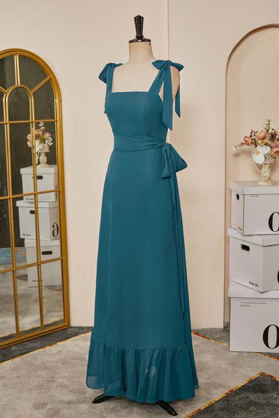 Bow Tie Straps Teal Ruffled A-line Long Bridesmaid Dress