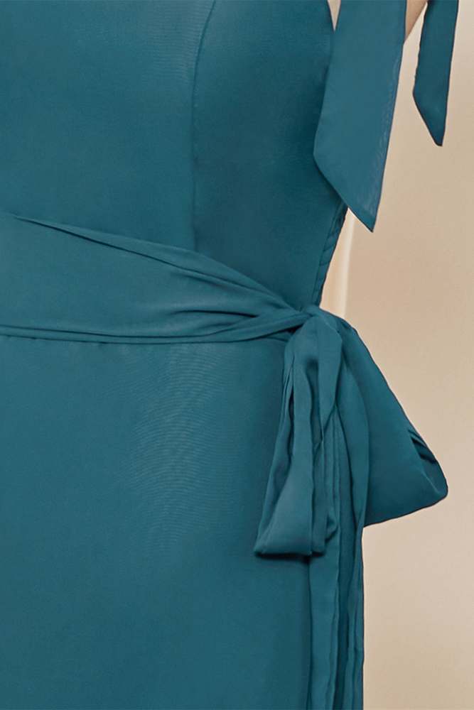 Bow Tie Straps Teal Ruffled A-line Long Bridesmaid Dress