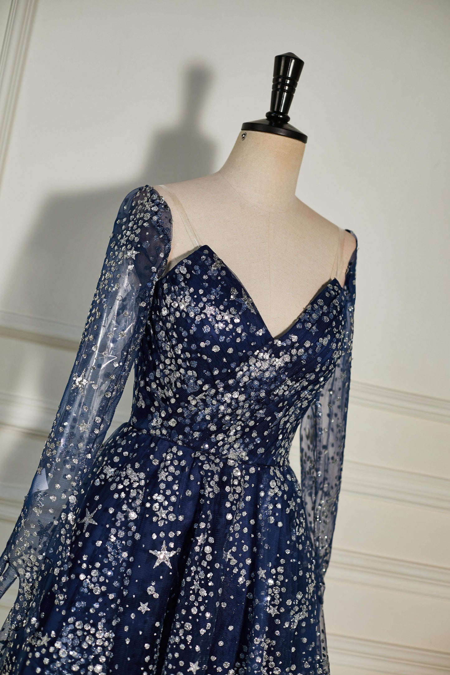 V-Neck Sequined Dark Navy Long Sleeves A-line Prom Dress