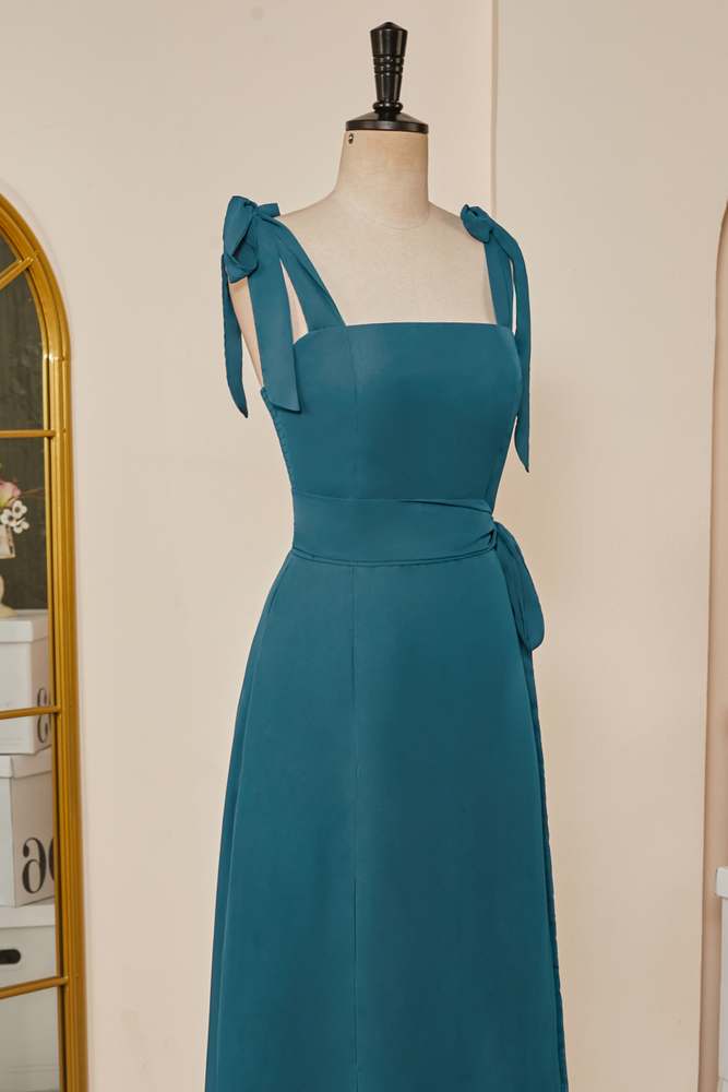 Bow Tie Straps Teal Ruffled A-line Long Bridesmaid Dress