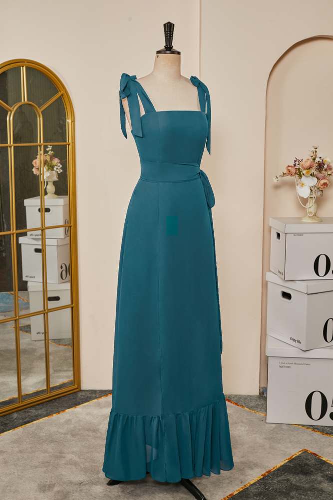 Bow Tie Straps Teal Ruffled A-line Long Bridesmaid Dress