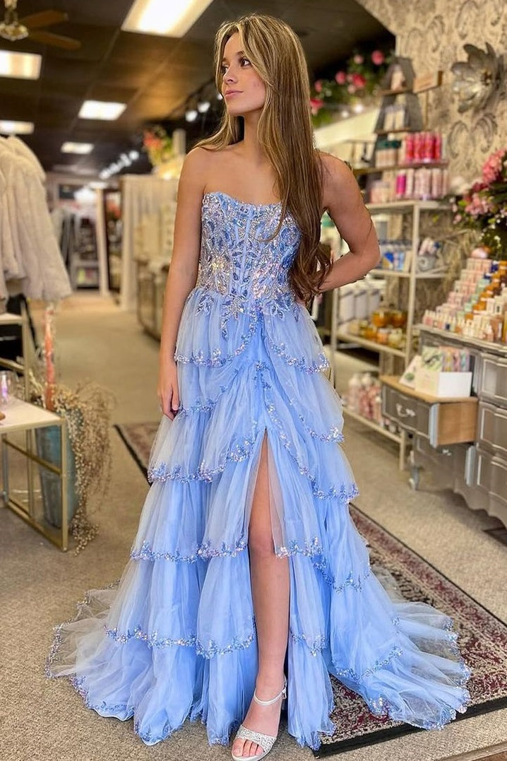 A-Line Empire Strapless Appliques Tiered Party Prom Dress Movousdress A-Line Empire Strapless Appliques Tiered Party Prom Dress Movousdress