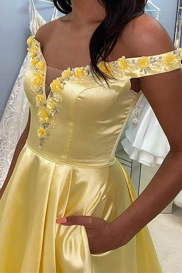 A-Line Floral Off-Shoulder Prom Dress With Pockets