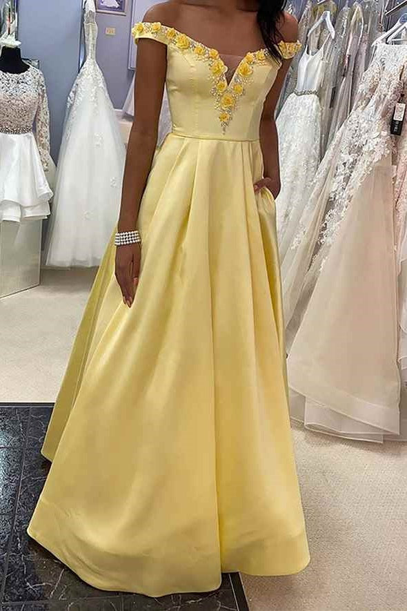 A-Line Floral Off-Shoulder Prom Dress With Pockets