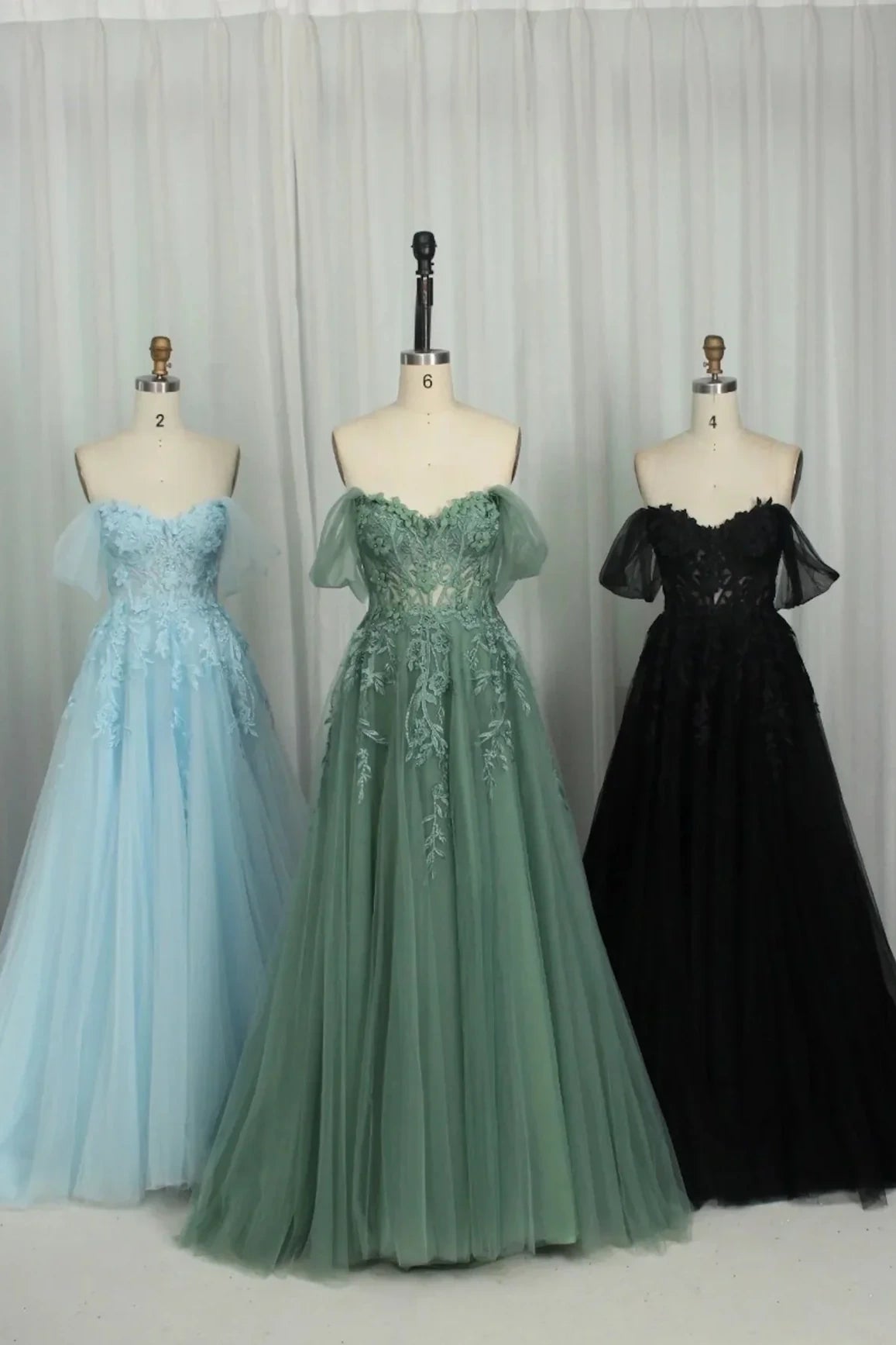 A-Line Off-Shoulder Appliques Tulle A-Line Long Prom Dress