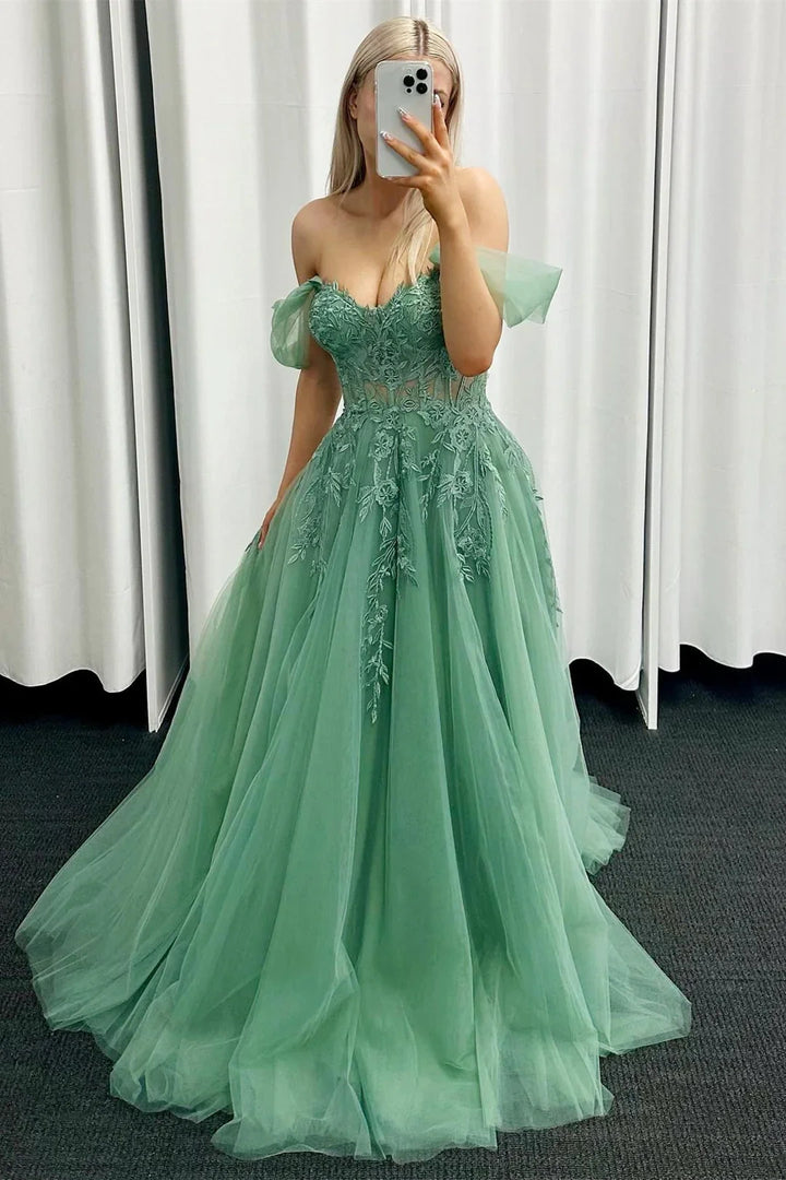 A-Line Off-Shoulder Appliques Tulle A-Line Long Prom Dress