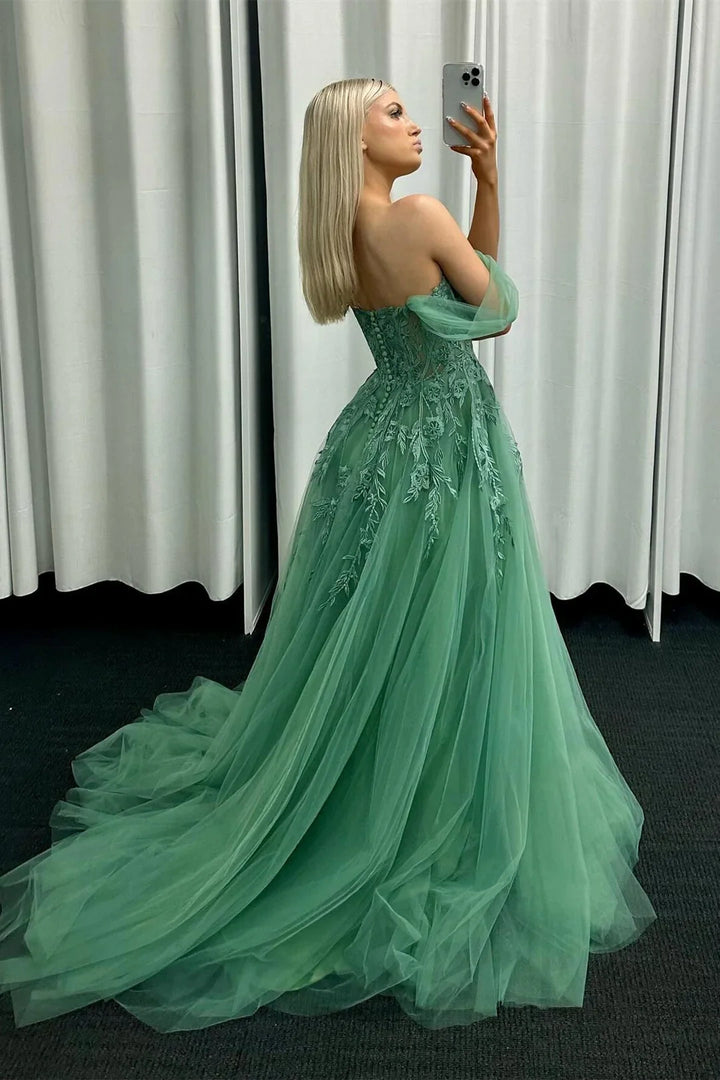 A-Line Off-Shoulder Appliques Tulle A-Line Long Prom Dress