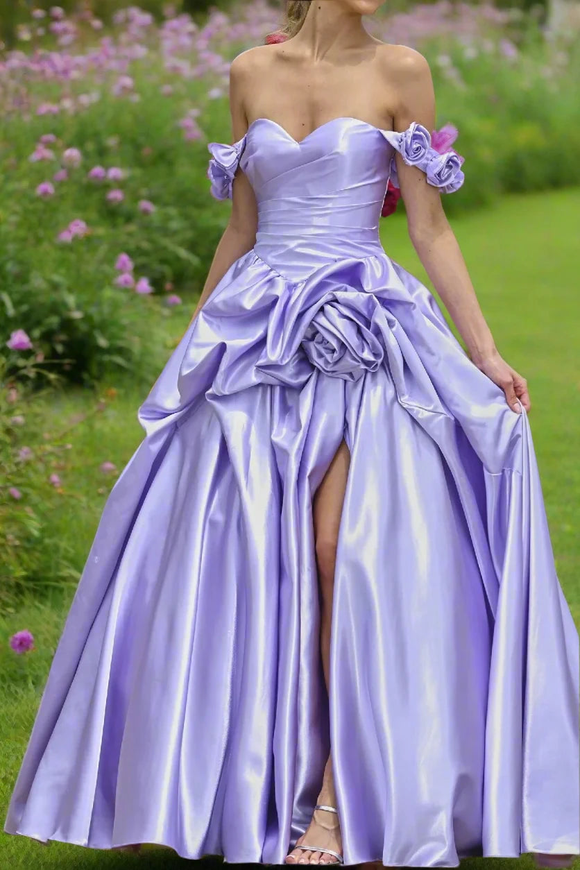 A-Line Off-Shoulder Empire 3D Floral Long Prom Dress