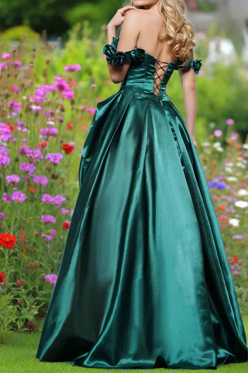 A-Line Off-Shoulder Empire 3D Floral Long Prom Dress