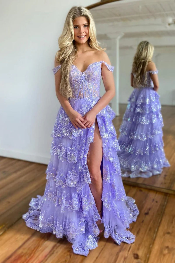 A-Line Off-Shoulder Empire With Side Slit Lace Prom Dress