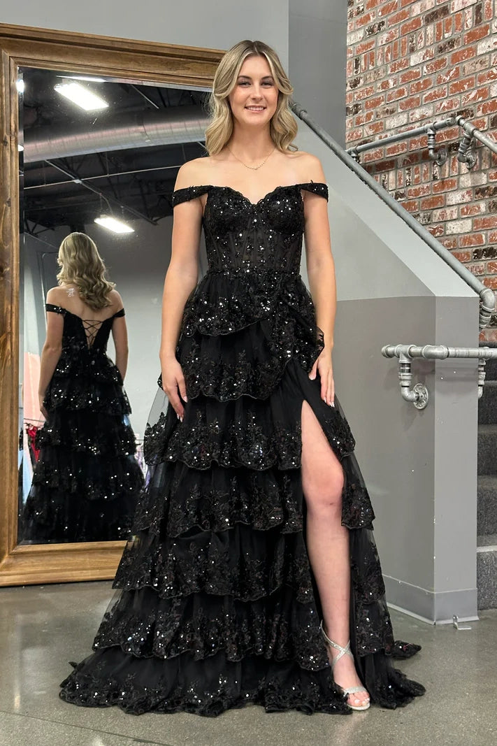 A-Line Off-Shoulder Empire With Side Slit Lace Prom Dress