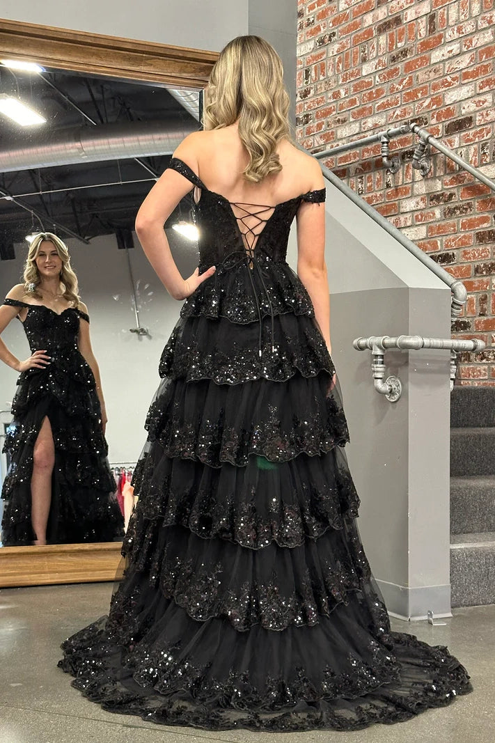 A-Line Off-Shoulder Empire With Side Slit Lace Prom Dress