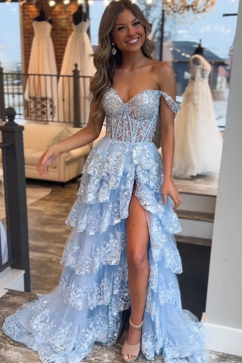 A-Line Off-Shoulder Empire With Side Slit Lace Prom Dress