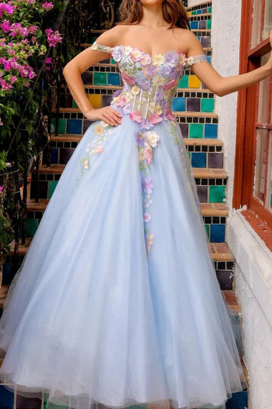 A-Line Off-Shoulder Sleeveless 3D Appliques Formal Prom Dress