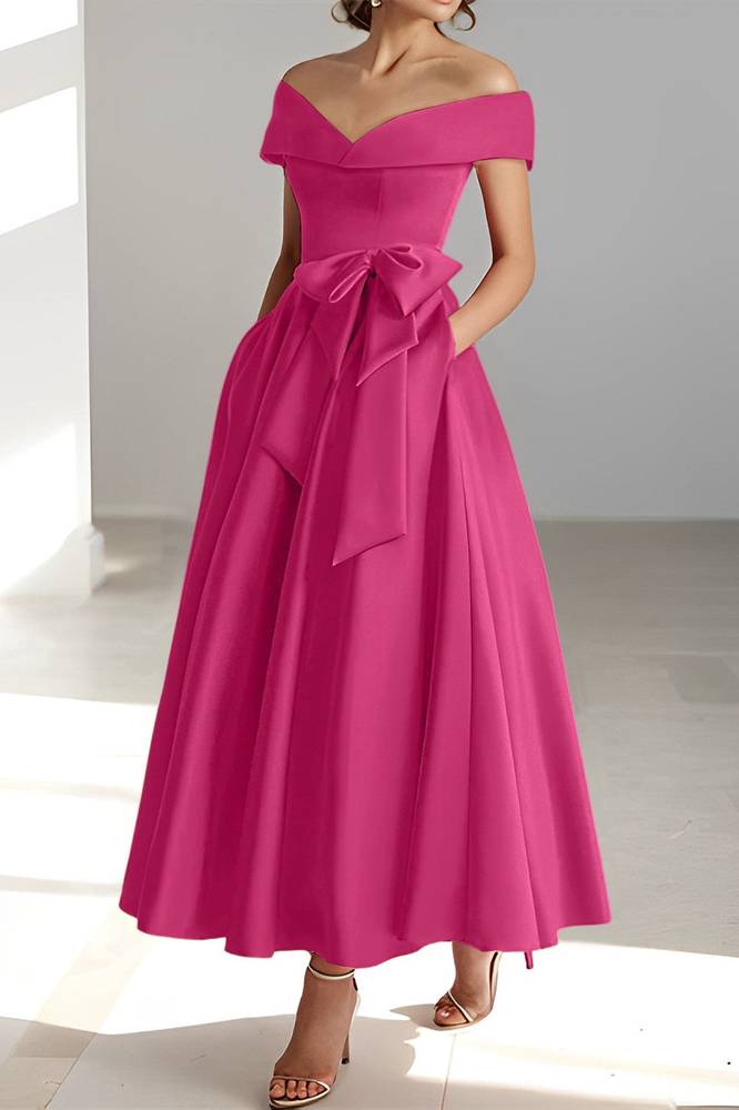 A-Line Off-Shoulder Sleeveless Mother Of Brides Dress With Pockets