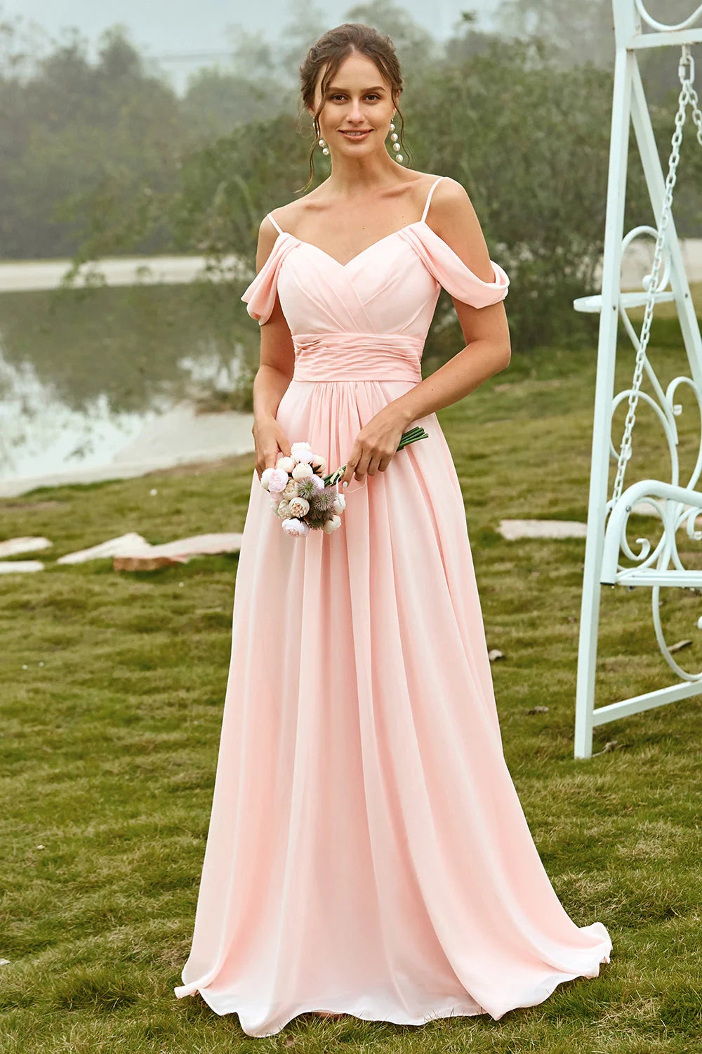 A-Line Off-Shoulder V-Neck Empire Chiffon Bridesmaid Dress