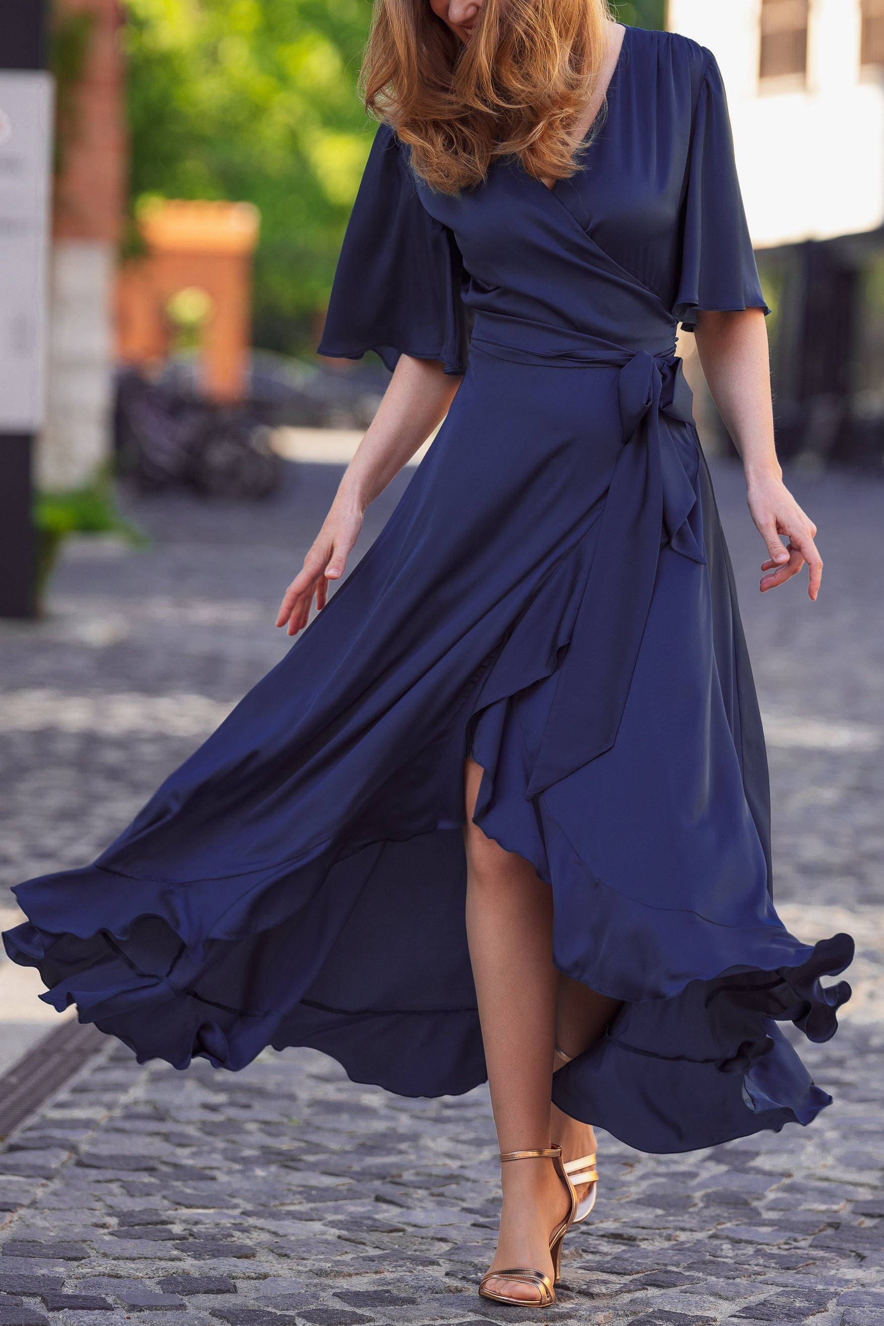 A-Line Ruffled Half Sleeves V-Neck Satin Mother Of Brides Dress