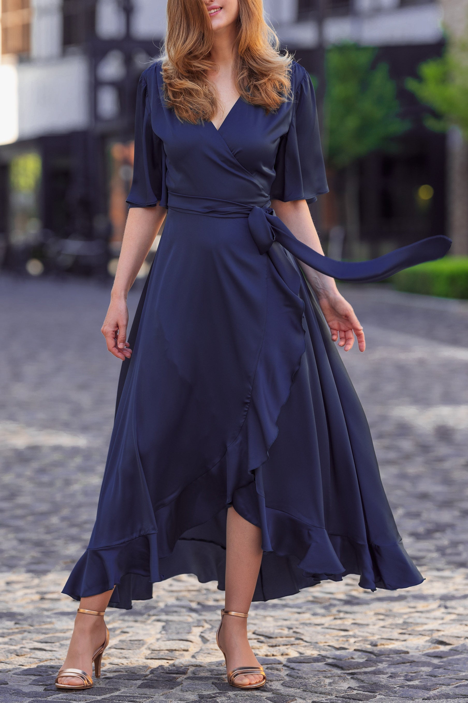 A-Line Ruffled Half Sleeves V-Neck Satin Mother Of Brides Dress