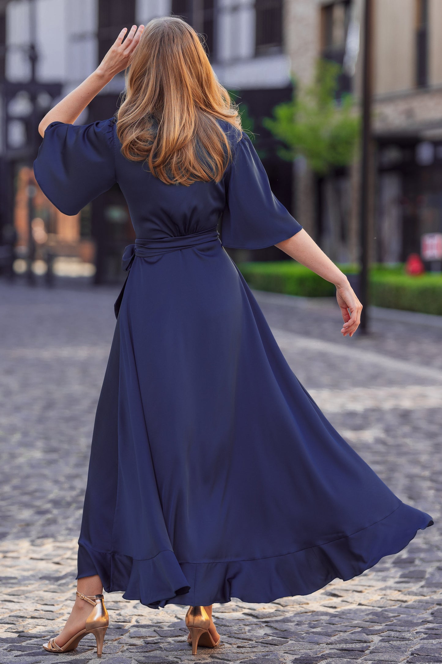 A-Line Ruffled Half Sleeves V-Neck Satin Mother Of Brides Dress