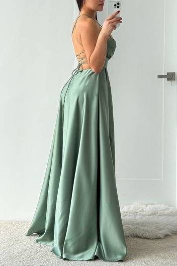 A-Line Satin A-Line Square Spaghetti Straps With Side Slit Prom Dress