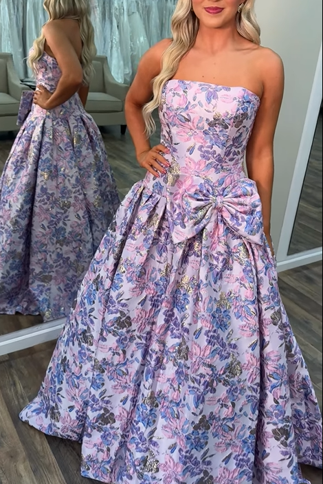 A-Line Sleeveless Bow Empire Satin Floral Party Prom Dress