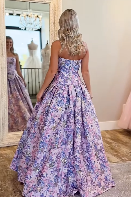 A-Line Sleeveless Bow Empire Satin Floral Party Prom Dress