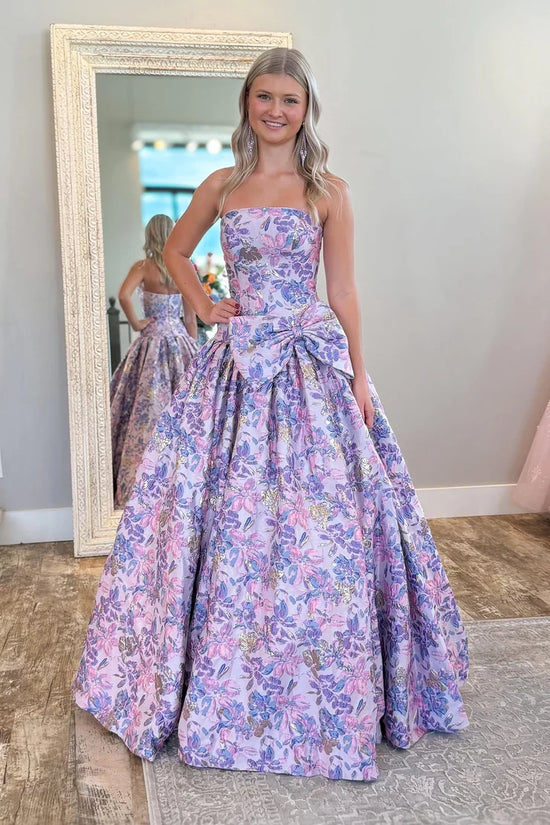 A-Line Sleeveless Bow Empire Satin Floral Party Prom Dress