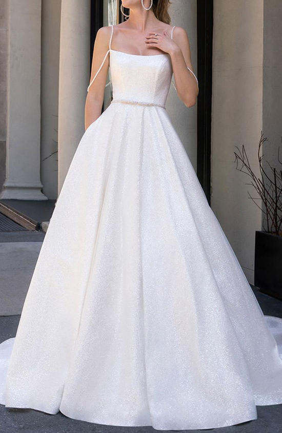 A-Line Square Spaghetti Straps Empire Beaded With Train Wedding Dress Movousdress A-Line Square Spaghetti Straps Empire Beaded With Train Wedding Dress Movousdress