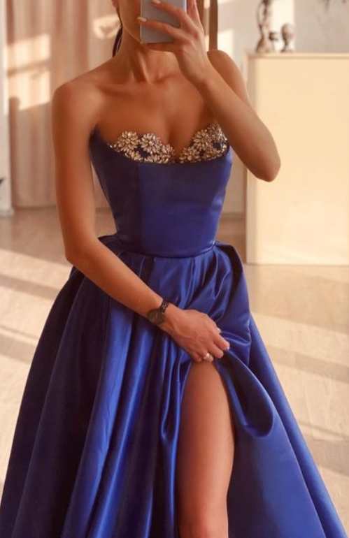 A-Line Strapless Beaded With Side Slit Satin Prom Dress