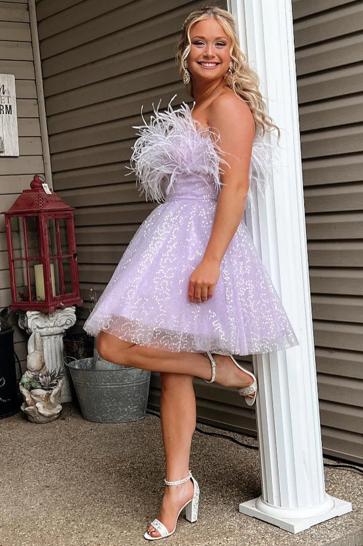 A-Line Strapless EmpireFeathers  Glitter Tulle Homecoming Dress