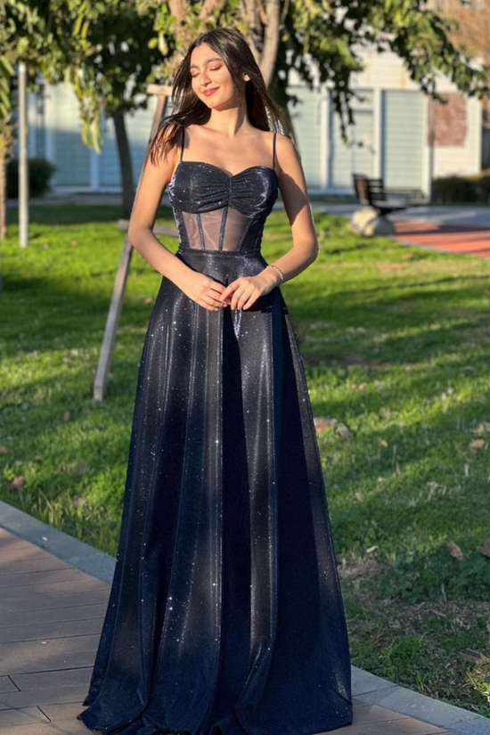 A-Line Sweetheart Sleeveless Glitter Sheer Empire Prom Dress Movousdress A-Line Sweetheart Sleeveless Glitter Sheer Empire Prom Dress Movousdress