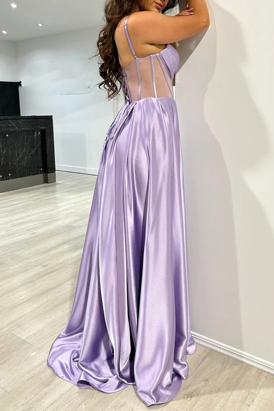 A-Line Sweetheart Sleeveless Satin Prom Dress With High Slit