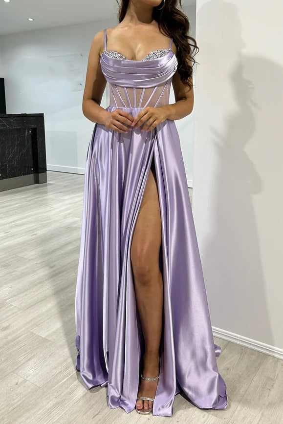 A-Line Sweetheart Sleeveless Satin Prom Dress With High Slit