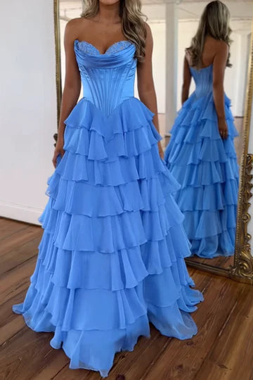 A-Line Sweetheart Strapless Tiered Formal Prom Dress