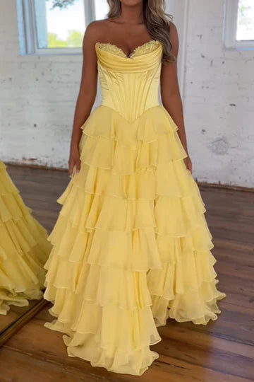 A-Line Sweetheart Strapless Tiered Formal Prom Dress