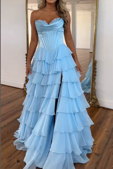 A-Line Sweetheart Strapless Tiered Formal Prom Dress