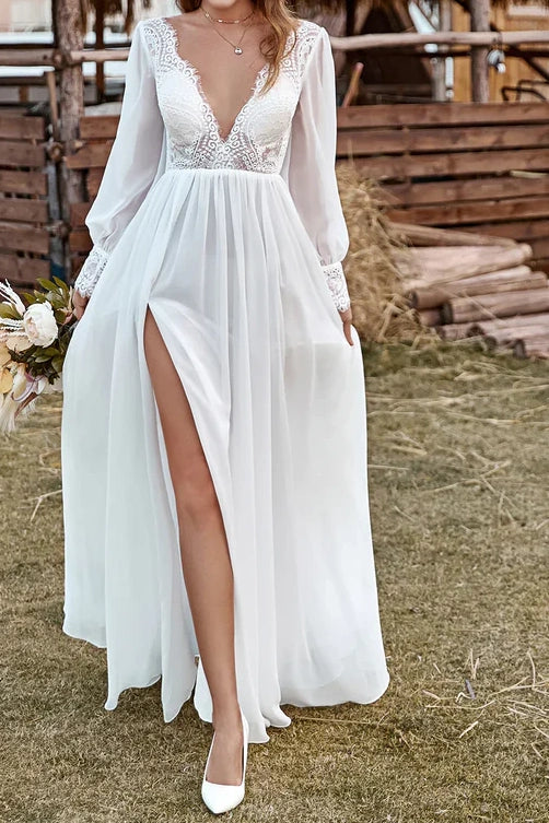 A-Line V-Neck Long Sleeves Open Back Empire Boho Wedding Dress