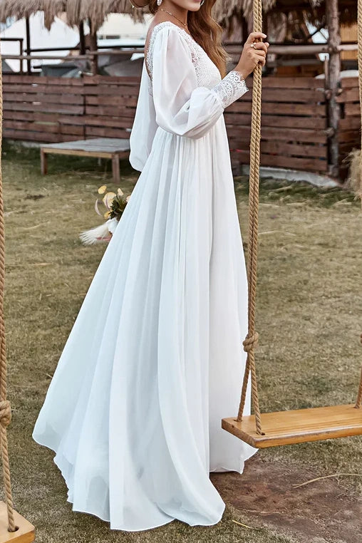 A-Line V-Neck Long Sleeves Open Back Empire Boho Wedding Dress