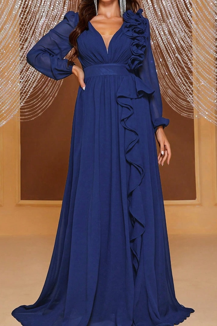 A-Line V-Neck Long Sleeves Ruffled Mother Of Brides Dress