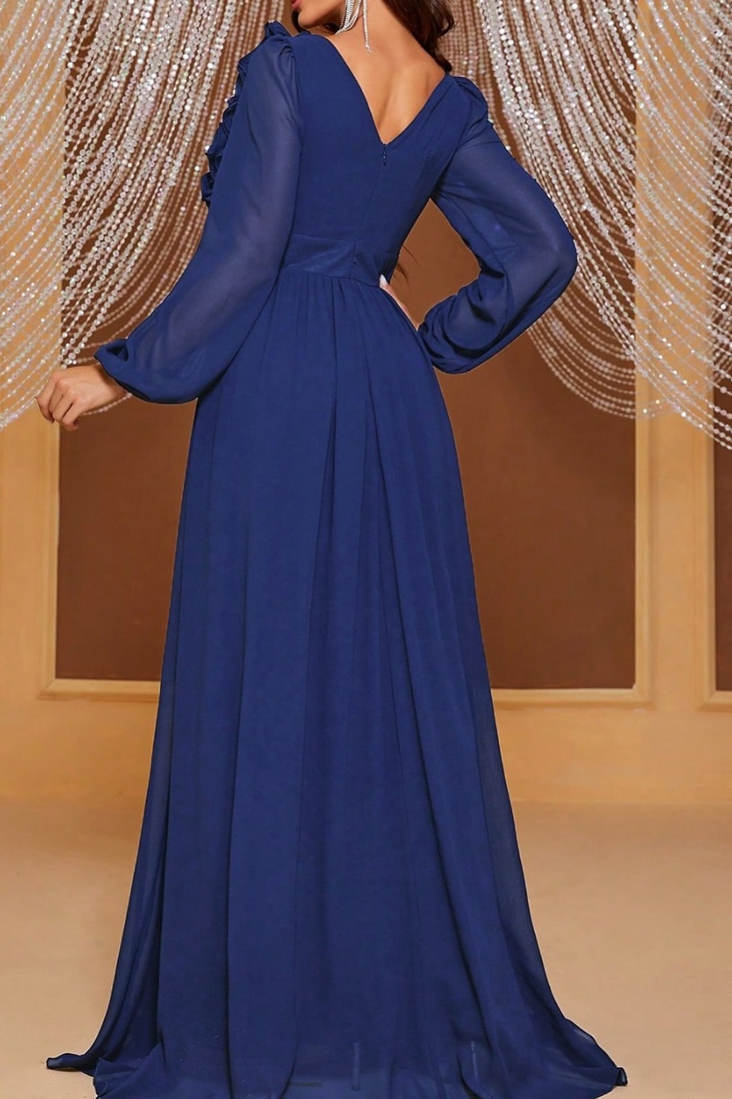 A-Line V-Neck Long Sleeves Ruffled Mother Of Brides Dress