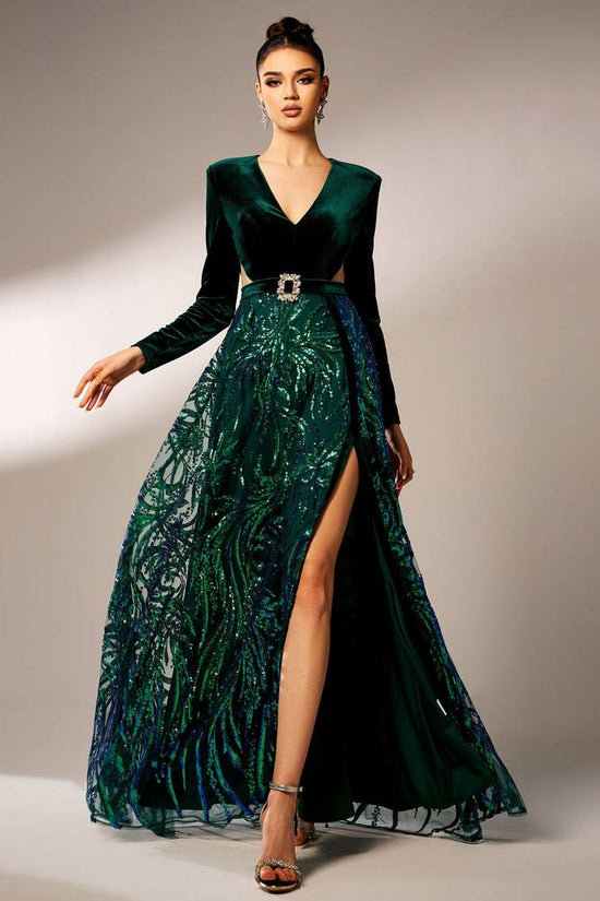 A-Line V-Neck Long Sleeves Two Tone Formal Party Evening Dress