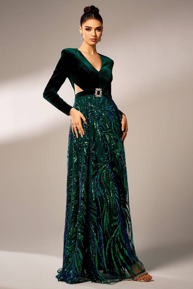 A-Line V-Neck Long Sleeves Two Tone Formal Party Evening Dress