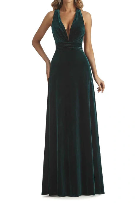 A-Line V-Neck Sleeveless Velvet Bridesmaid Dress