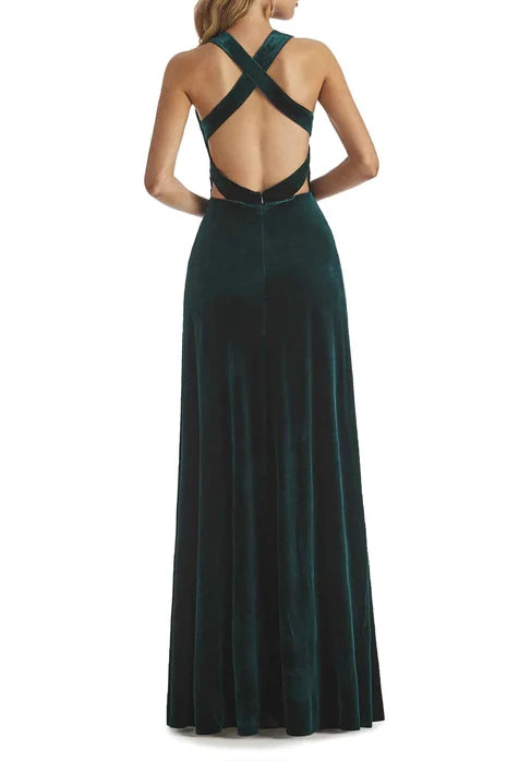 A-Line V-Neck Sleeveless Velvet Bridesmaid Dress