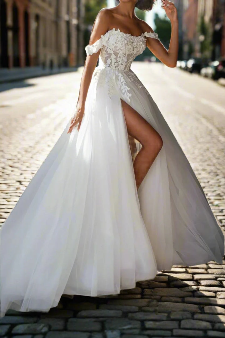 Bateau Off-Shoulder Appliques Tulle Wedding Dress With Side Slit