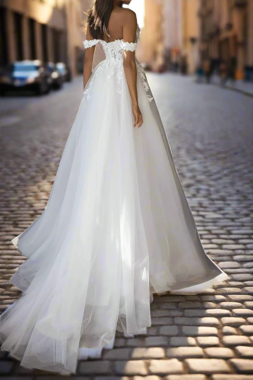 Bateau Off-Shoulder Appliques Tulle Wedding Dress With Side Slit