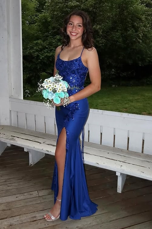 Bateau Sleeveless Lace Top Satin Mermaid Party Prom Dress
