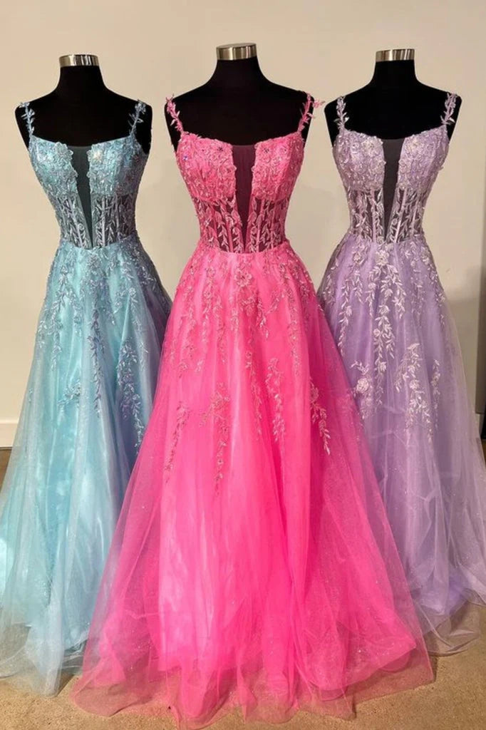 Bateau Sleeveless Lace Tulle A-Line Prom Dress